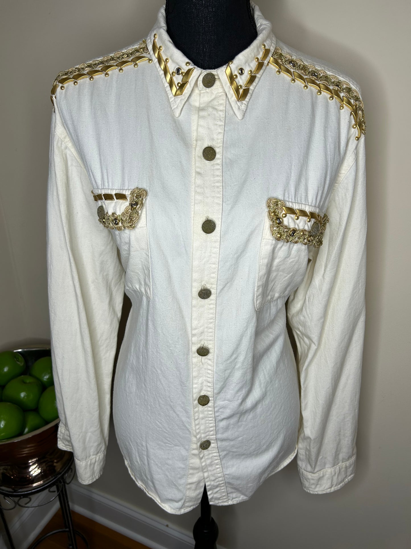 Cache Creme Jewel Shirt w/ Gold Studs and Embroidery