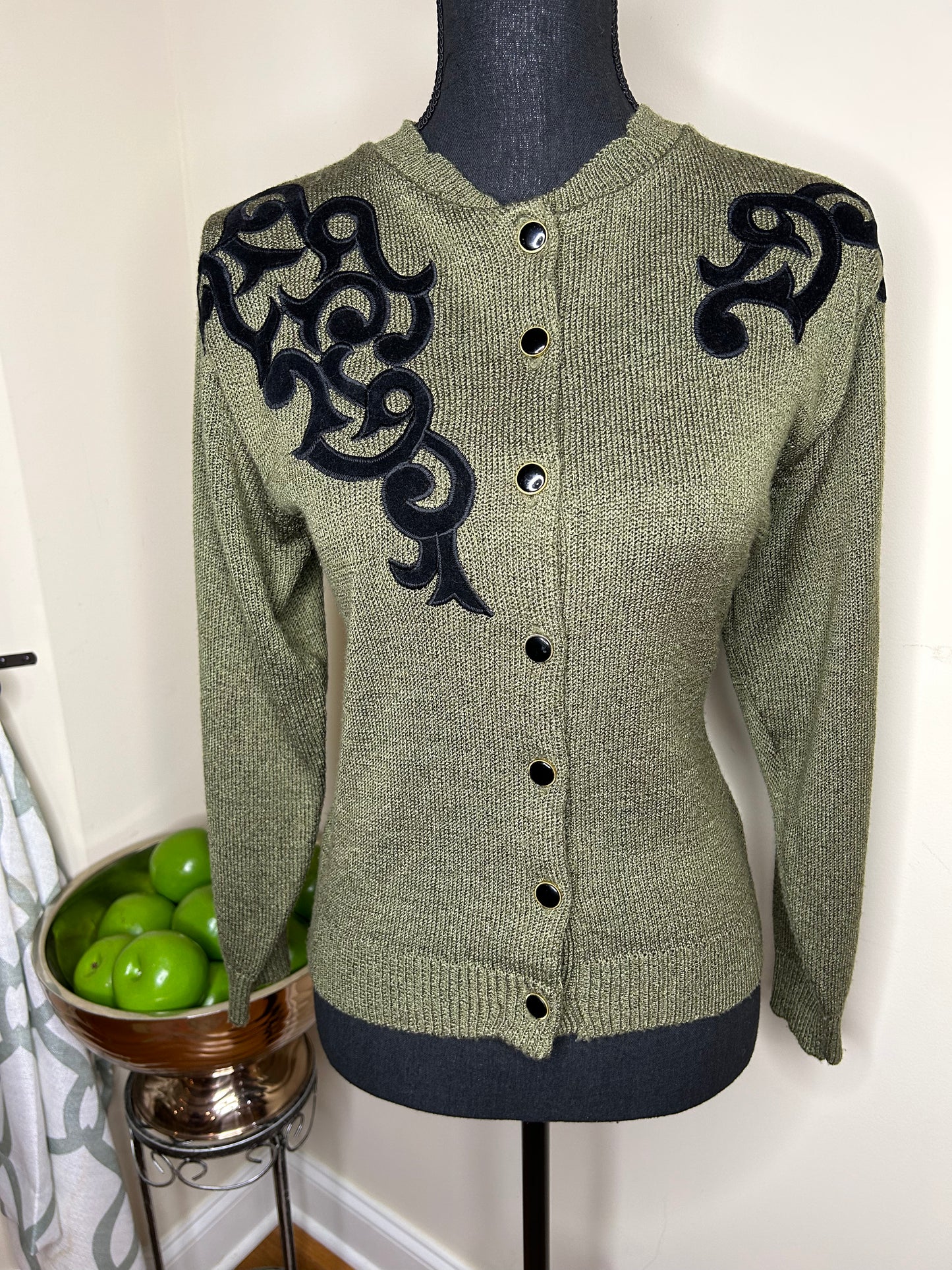 Andrea Gayle Olive Sweater w/ Black Embroidery