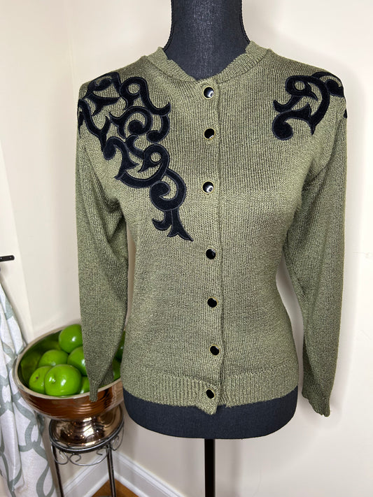 Andrea Gayle Olive Sweater w/ Black Embroidery