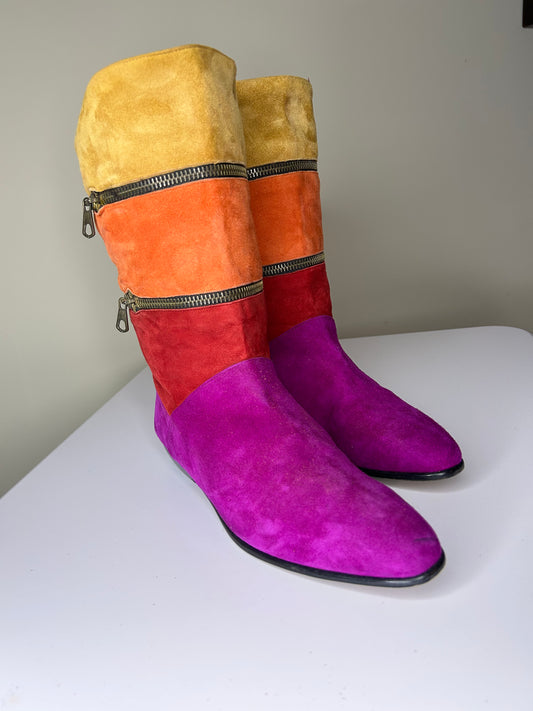 80s Vaneli Italian Colorblock Tall Suede Leather Boots