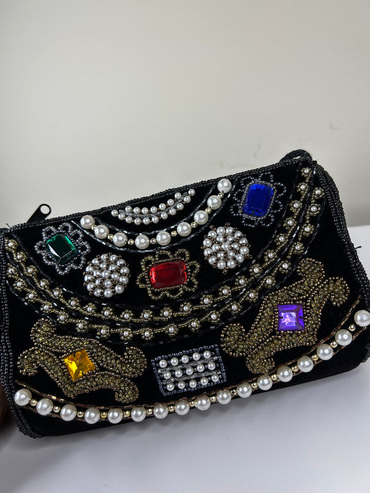 Magid 1980s Black Velvet, Beaded and Bejeweled Purse