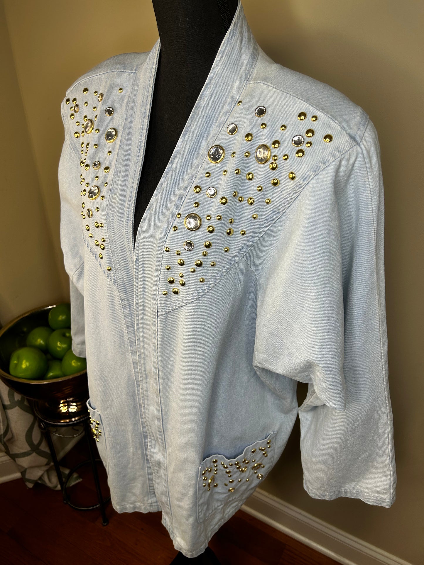 Vintage 80s Gold Studded Rhinestone Bejeweled Denim Jacket