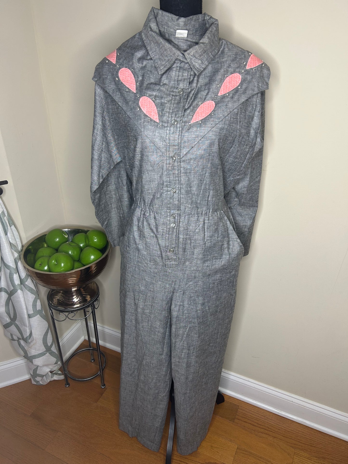 Vintage 80s Black/White Cross-Dye Jumpsuit w/ Pink Leather Snakeskin and Rhinestone