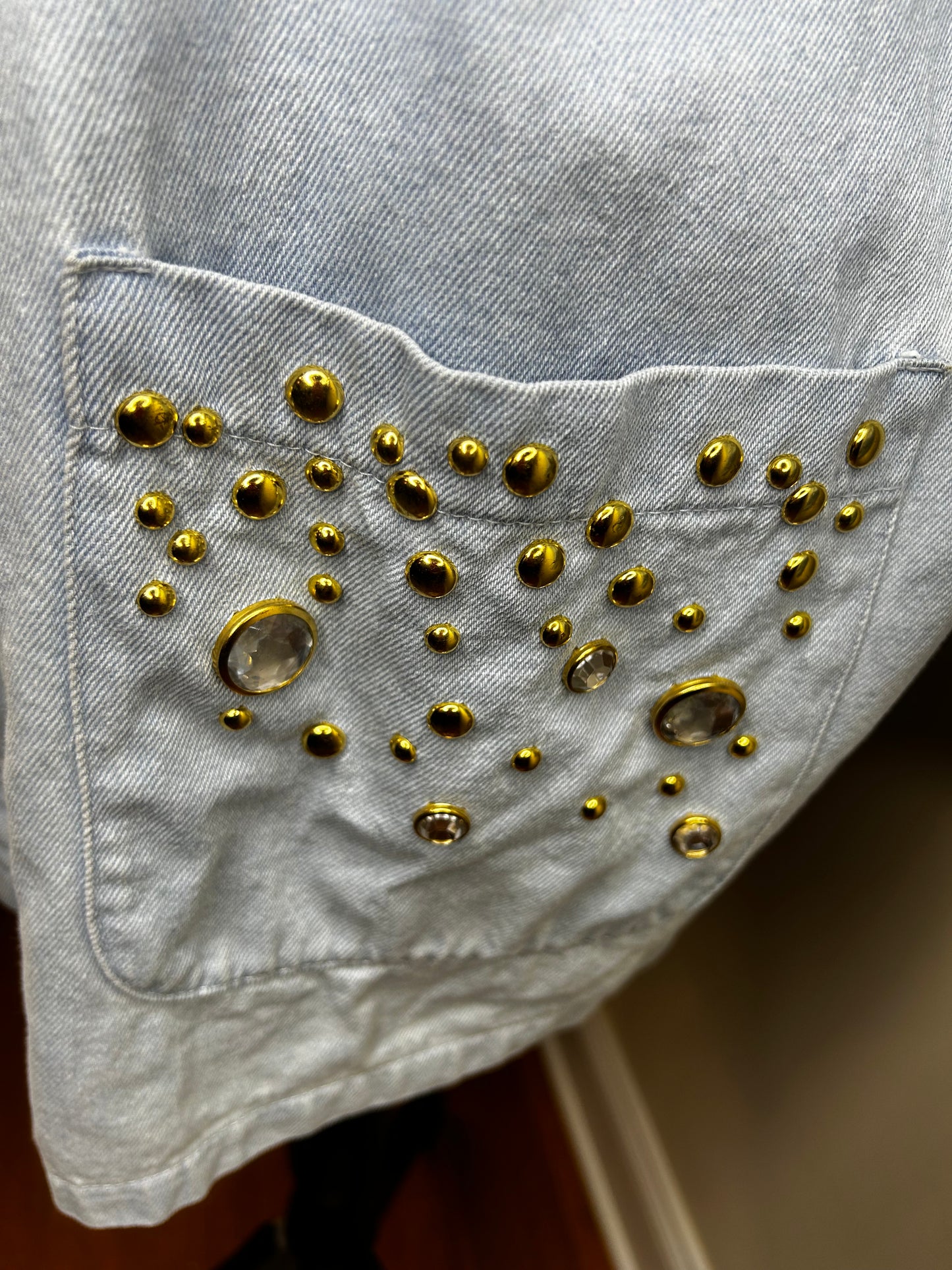Vintage 80s Gold Studded Rhinestone Bejeweled Denim Jacket