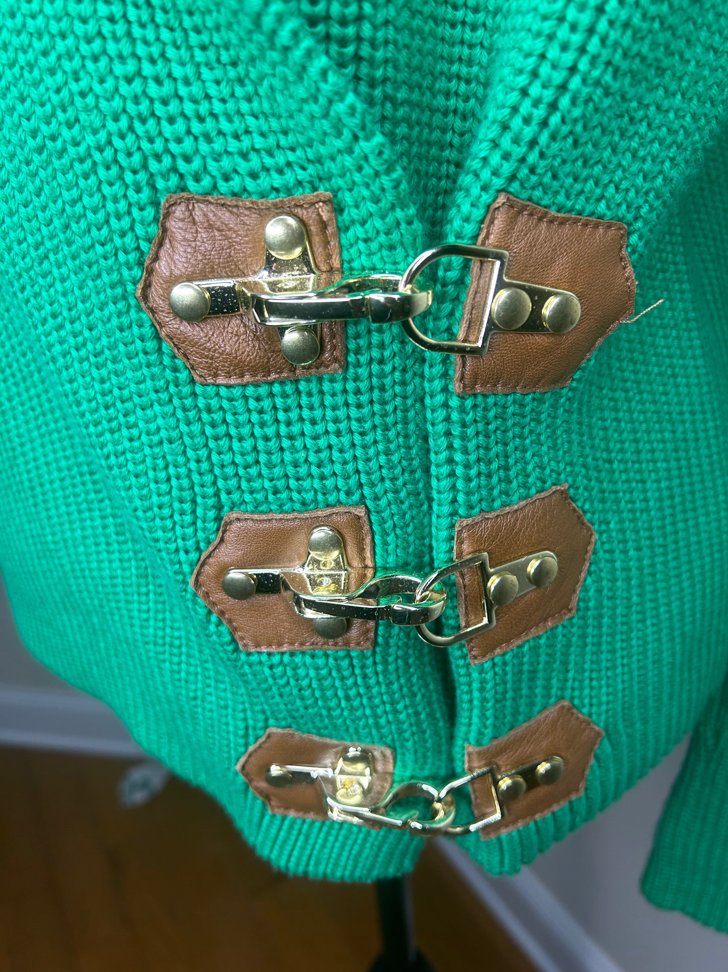 W Worth Green Sweater w/ Gold Hardware and Leather Trim