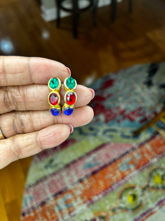 Vintage 80s Gold Tone Bejeweled Pierced Earrings