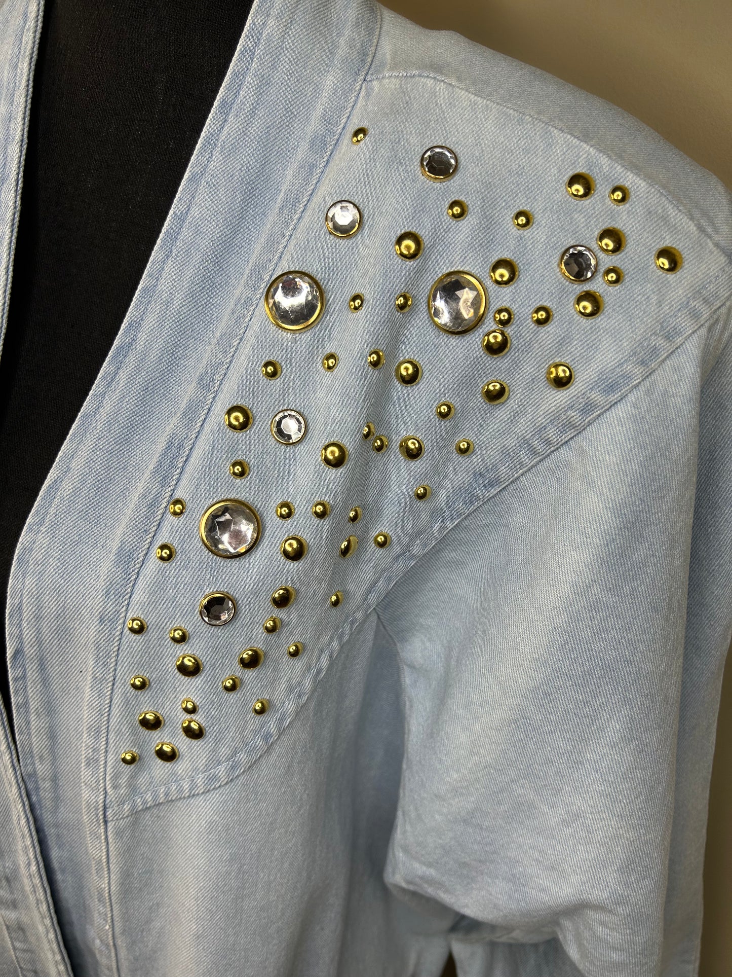 Vintage 80s Gold Studded Rhinestone Bejeweled Denim Jacket
