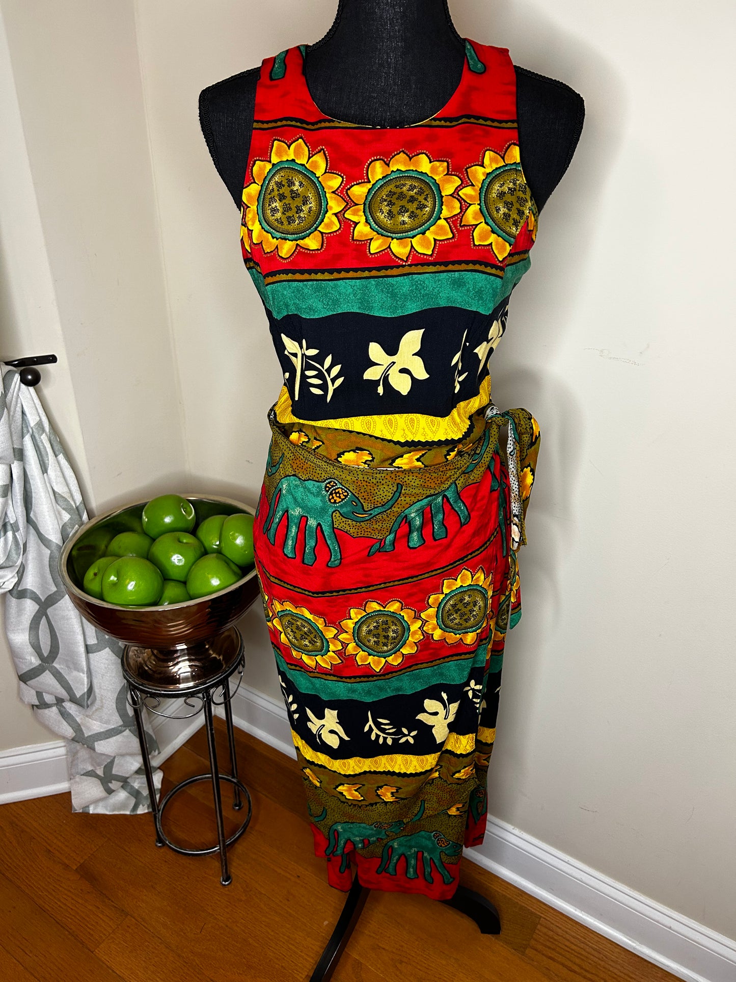 W2 Sleeveless Sunflower and Elephant Print Wrap Dress