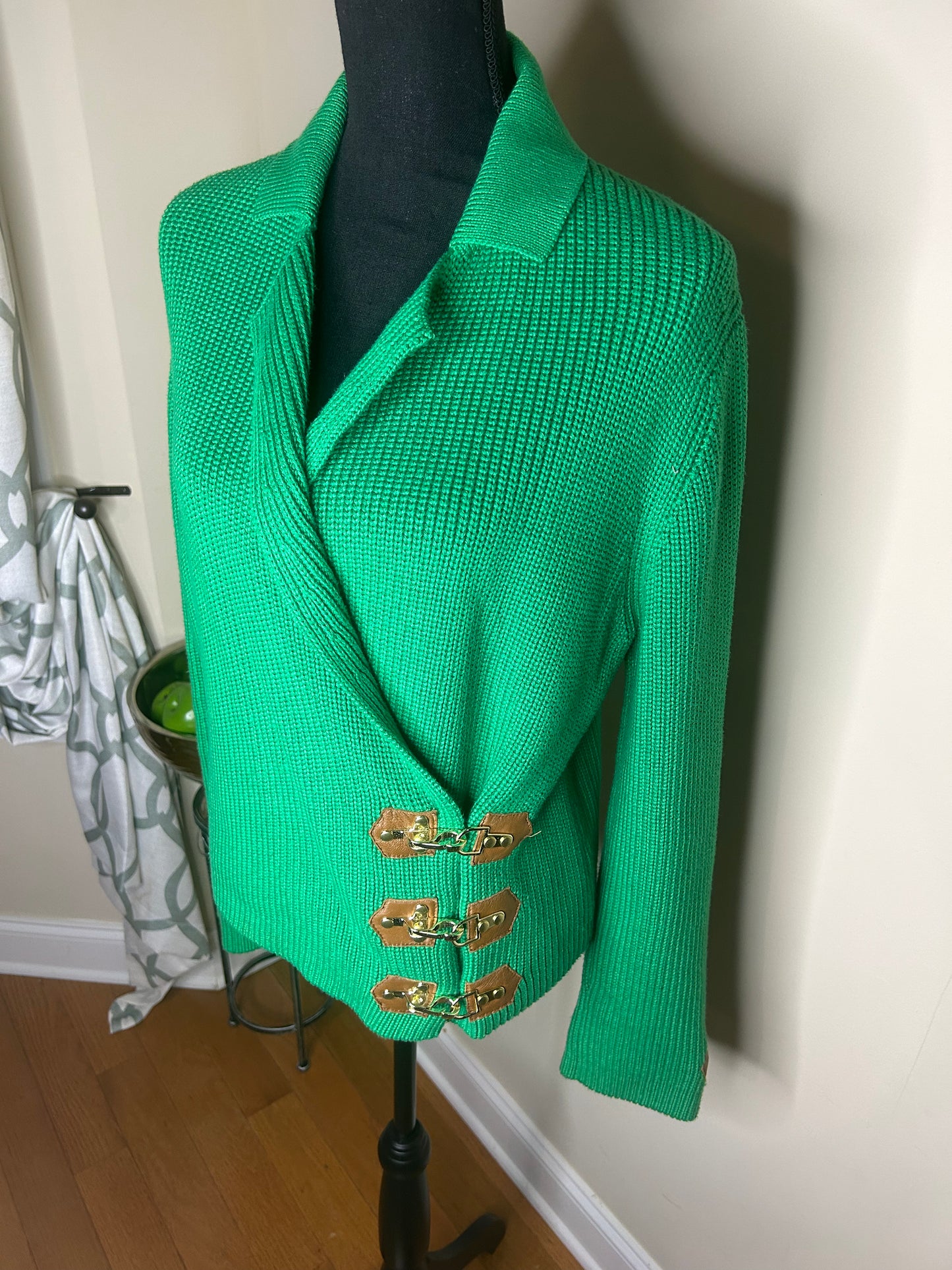 W Worth Green Sweater w/ Gold Hardware and Leather Trim