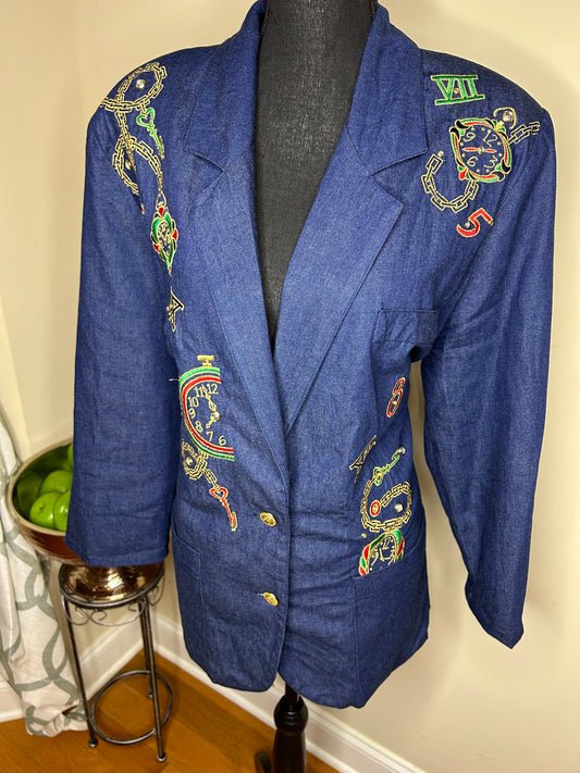 Roni Blanshay "Time Keeper" Denim Blazer w/ Jewels