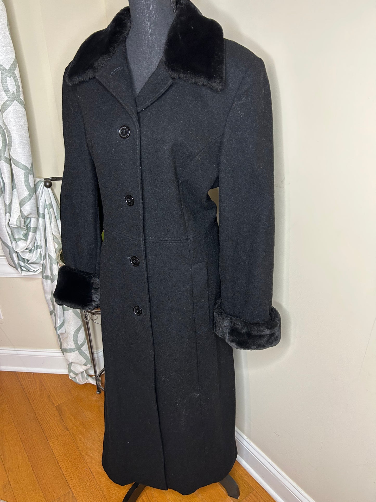 Donny Brook Vintage Black Trench Coat w/ Faux Fur Trim